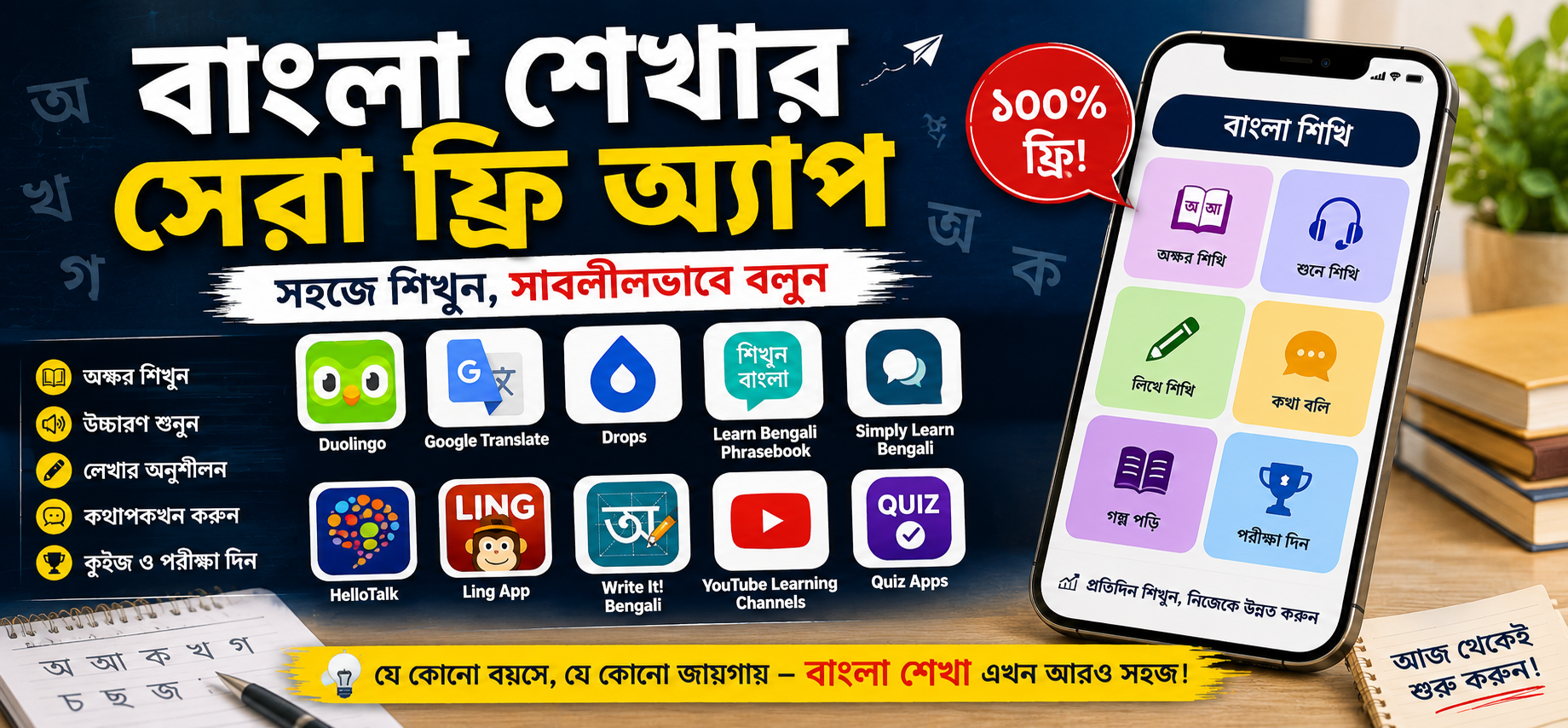 বাংলা শেখার সেরা ফ্রি অ্যাপ ২০২৬: ছাত্র, চাকরিপ্রার্থী ও বিদেশিদের জন্য সেরা ১০টি অ্যাপ